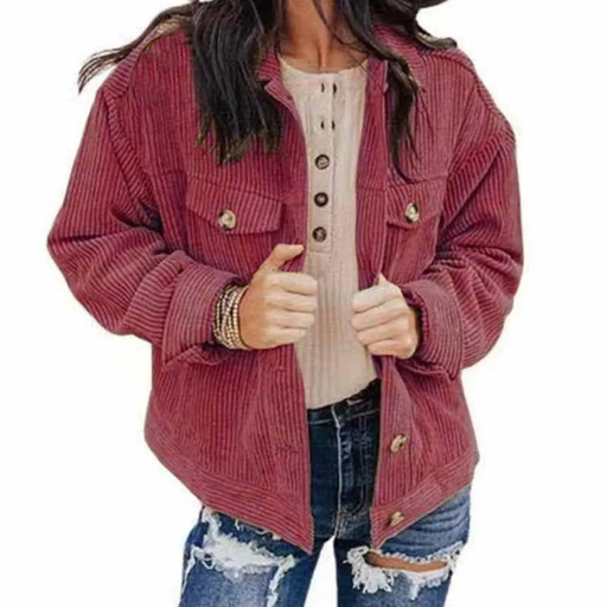 2023 Autunno Primavera Donna Camicie di velluto a coste a maniche lunghe Giubbotti Risvolto Allentato Elegante Solido Giacca a v
