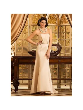 Abito da sposa a sirena champagne in raso scollato con fiocchetti