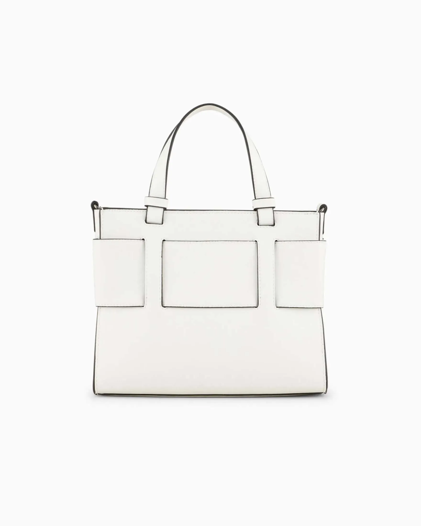 Borsa a mano misura mini in similpelle bianca con impunture bianche e maxi fibbia logo a specchio tono su tono