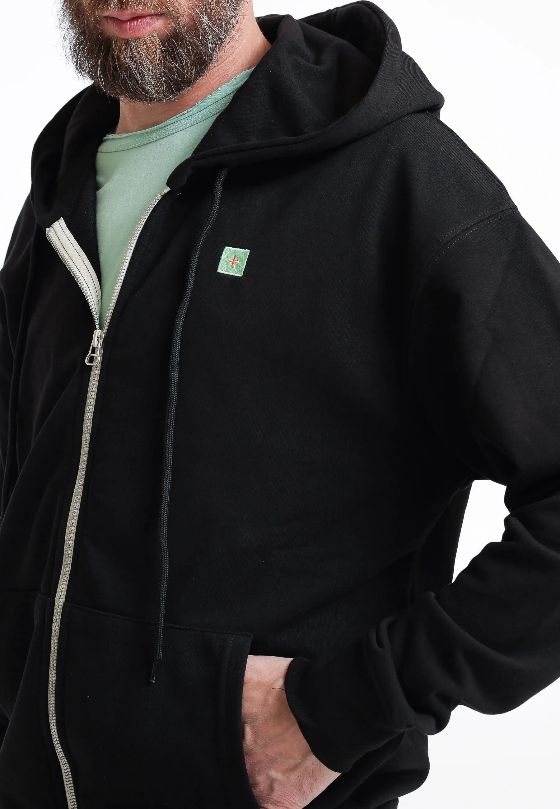 Felpa Cappuccio + Zip Tessuto Riciclato Black