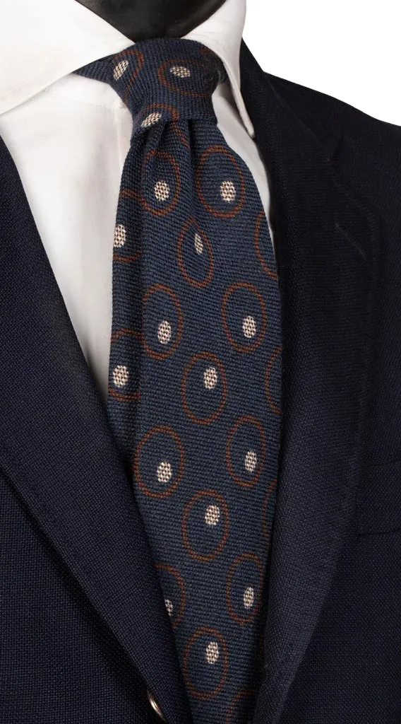 Man Blue Wool Silk Tie Brown Beige Pattern L779