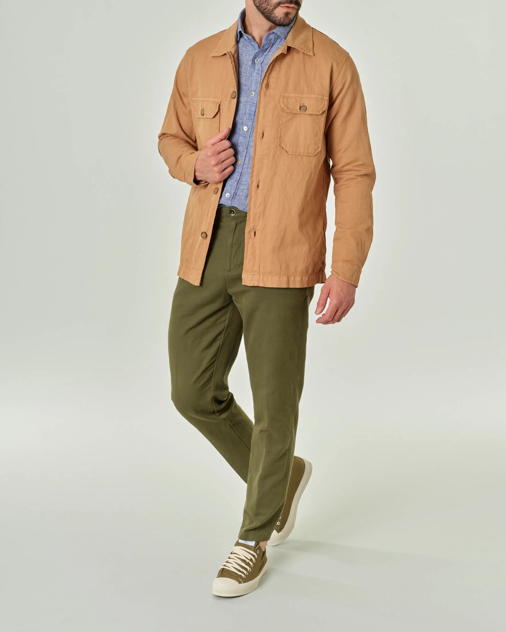 Overshirt cammello in misto cotone e lino stretch