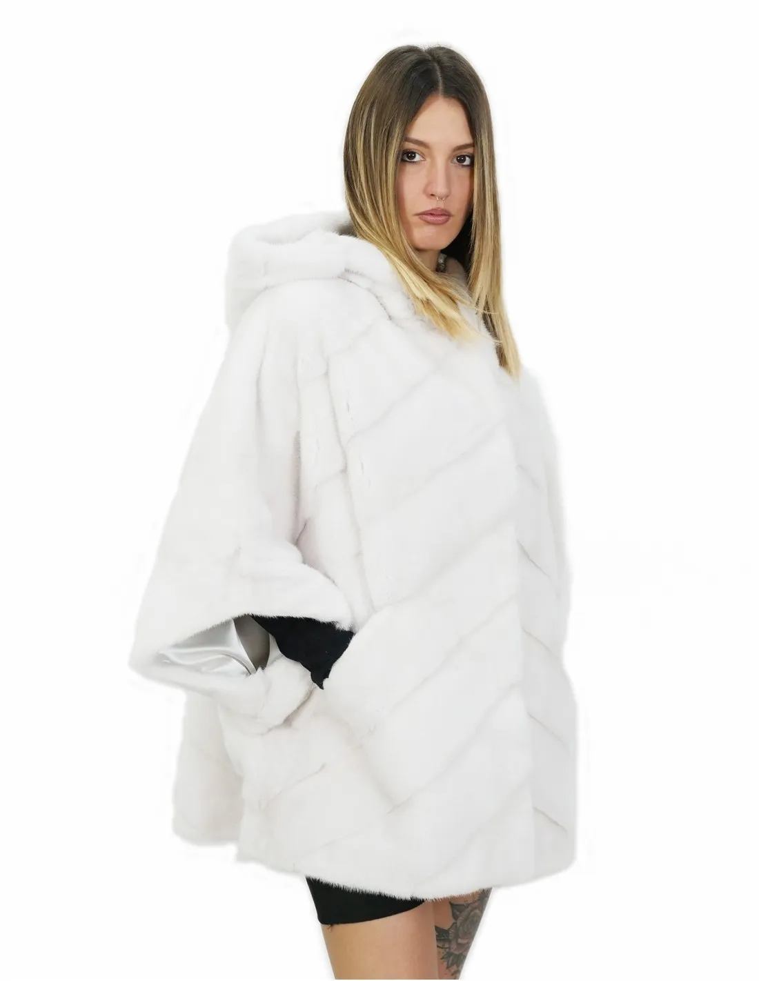 Pelliccia visone taglia 44 bianco mantella lungo 72 centimetri cappuccio donna 